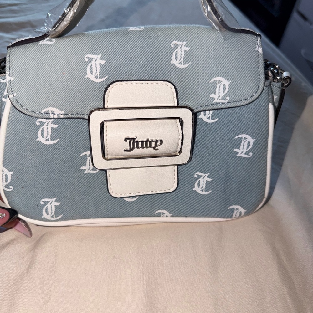 Juicy Couture Light Blue Monogram Shoulder Bag with White Trim
